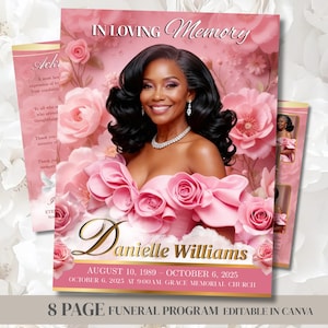 以下が含まれることがあります： 「In Loving Memory」の文字と「Danielle Williams」の名前が入ったピンク色の葬儀プログラム。ピンクのバラに囲まれたピンクのドレスを着た女性の写真が特徴です。プログラムは8ページで、Canvaで編集可能です。