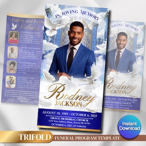 Op de afbeelding: Drievoudig gevouwen begrafenisprogrammasjabloon met een portret van een man in een blauw pak, met de tekst "In Loving Memory" en "Rodney Jackson". Bevat data, kerkdetails en een sectie voor eerbetoon.