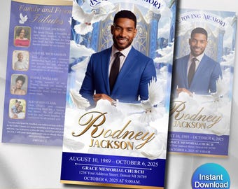 Funeral Program Template | Obituary Template for men | Trifold memorial Programs | Navy Blue 11x17