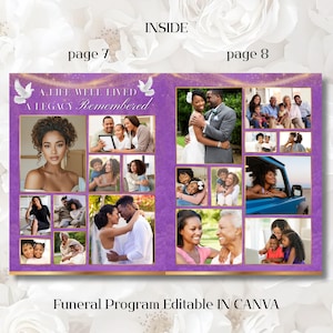 May include: A funeral program template with a purple and gold design. The text "A Life Well Lived, A Legacy Remembered" is displayed. The program includes family photos and the text "Funeral Program Editable IN CANVA".