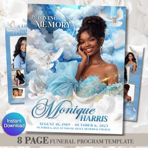 Funeral Program Template | Obituary Template for women | 8-Page memorial Programs | Blue white Clouds