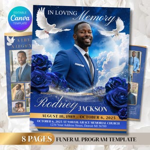 May include: A funeral program template with a blue and gold design. The cover features a photo of a man in a blue suit, blue roses, and the text "In Loving Memory." The program includes the name "Rodney Jackson" and dates.