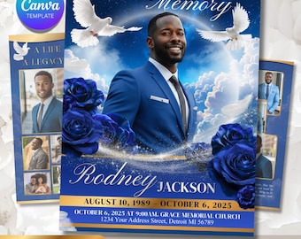 Modello di programma funebre / Modello di necrologio per uomini / Programmi commemorativi / Royal Blue Canva 8 pagine