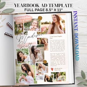 May include: Yearbook ad template, full page 8.5" x 11", with photos and text. The design includes the text "Congratulations Class of 20xx" and "Madison Scott". The ad features a letter to a daughter from her parents.