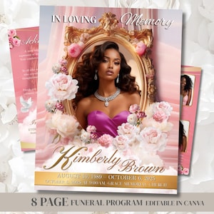 Op de afbeelding: Een roze en gouden begrafenisprogramma met een portret van een vrouw in een gouden lijst, omringd door bloemen. Het programma bevat de naam "Kimberly Brown" en geboorte- en sterfdata. De tekst "8 PAGE FUNERAL PROGRAM EDITABLE IN CANVA" staat onderaan.