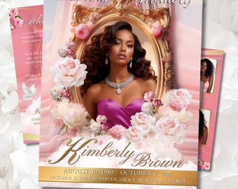 Modello di programma funebre / Modello di necrologio per donne / Celebrazione della vita / Tema Lavanda Rosa Oro