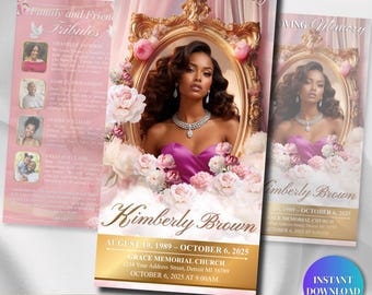 Funeral Program Template | Trifold Obituary Template for women | Memorial Programs | Pink Elegant 11x17