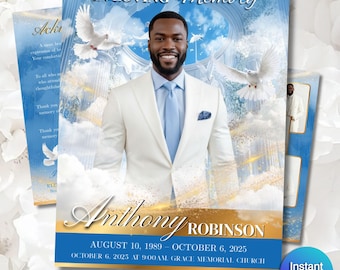 Funeral Program Template | Obituary Template for men | 8-Page memorial Programs | Blue sky clouds 11x17