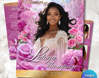 Funeral Program Template | Obituary Template for women | 8-Page memorial Programs | Pink Purple Rose