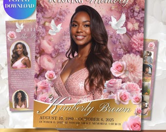 Pink Gold Funeral Program Template | Obituary Template for women | 4 Page Memorial Programs 11x17