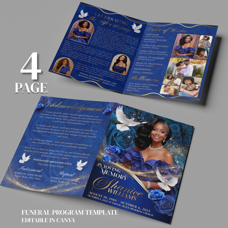Funeral Program Template | Obituary Template for Women | 4-page ...