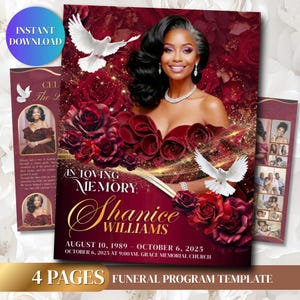 May include: A four-page funeral program template featuring a deep red background with dark red roses, two white doves, and a portrait of a person. The text reads In Loving Memory, Shanice Williams, August 10, 1989 - October 6, 2025.