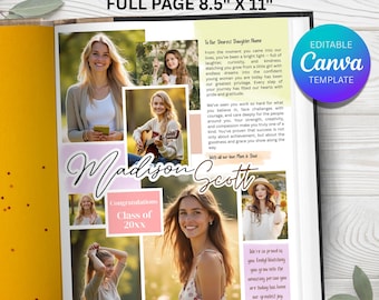 Senior yearbook ad template | Full Page Girl Graduation Photo Collage Tribute Dedication | Editable Canva
