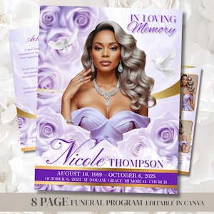 May include: A funeral program with a portrait of a woman in a lavender dress, surrounded by lavender roses and doves. The program includes the text "In Loving Memory" and the name "Nicole Thompson" with dates and a church name. The program is 8 pages and editable in Canva.