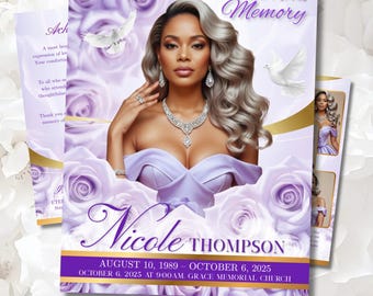 Funeral Program Template | Obituary Template | Memorial Service | Editable Tribute | Lavender purple Rose : 8 Page