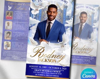 Funeral program template | Trifold Obituary template for men | Navy Blue canva 11 x 17
