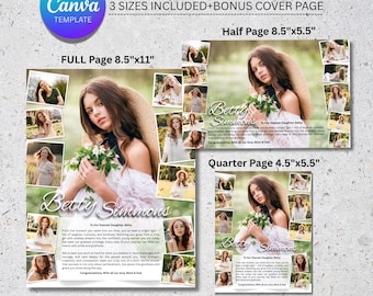 Modello di annuncio per annuario scolastico / Pagina intera, mezza, un quarto per ragazza / Layout Canva per collage di foto di laurea