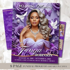 Plantilla para programa funerario / Plantilla de obituario / Celebración de la vida / Canva editable / Rosas color lavanda: 8 páginas