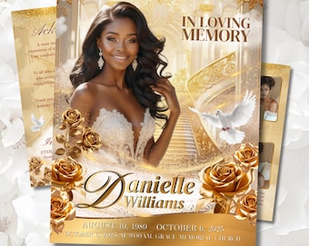 Funeral Program Template | Obituary Template | Celebration of Life | Editable Layout Canva | Gold Elegant : 8-Page