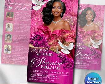 Funeral Program Template | Trifold Obituary Template for women | Pink Rose Memorial Programs 11x17