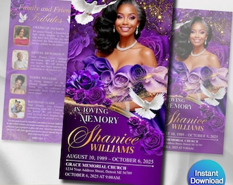 Funeral Program Template | Trifold Obituary Template for women | Purple Rose Memorial Programs 11x17