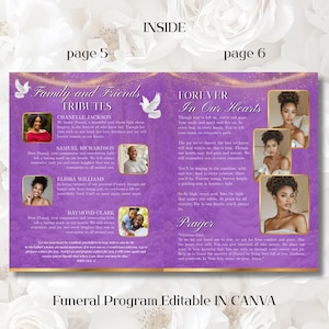 May include: A funeral program template with a purple and gold design. The pages include text such as "Family and Friends Tributes" and "Forever In Our Hearts." Photos of individuals are featured, along with text and a prayer.