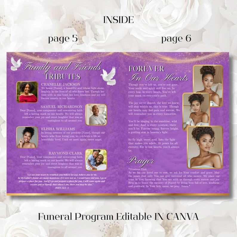 May include: A funeral program template with a purple and gold design. The pages include text such as "Family and Friends Tributes" and "Forever In Our Hearts." Photos of individuals are featured, along with text and a prayer.