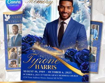 Funeral Program Template | Obituary Template for men | Memorial Canva 8 pages | Royal Blue 11x17