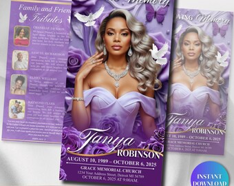 Funeral Program Template | Trifold Obituary Template for women | Purple Rose Celebration of Life 11x17