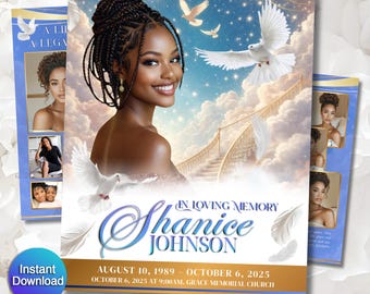 Funeral Program Template | Obituary Template for women | 8-Page memorial Programs | White Blue 11x17