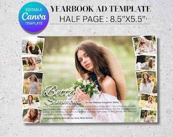 Yearbook Ad Template | Half page senior ad female | girl Graduation photo collage (Canva Download)