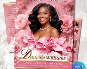 Pink Rose Funeral Program Template | Obituary Template for women | 8-Page memorial Programs 11x17