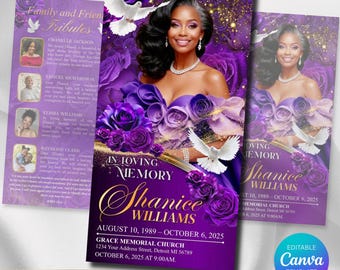 Plantilla para programa funerario / Plantilla de obituario tríptico para mujeres / Canva Purple Rose Memorial 11x17