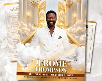 Modello di programma funebre / Modello di necrologio per uomini / Layout modificabile Canva / Cloud Gold Heaven Gate