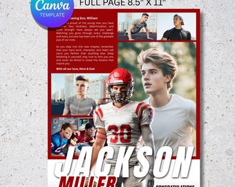 Modello di annuncio per annuario scolastico / Modello di pagina intera modificabile per ragazzi in formato Canva / Modello di collage fotografico per laurea sportiva