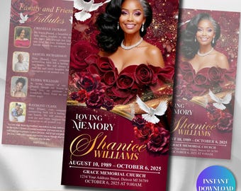 Funeral Program Template | Printable Trifold Obituary Template for Women | Red burgundy 11x17 | Canva