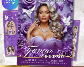 Purple Funeral Program Template | Elegant Obituary Template for women |  4 page Memorial Programs 17x11