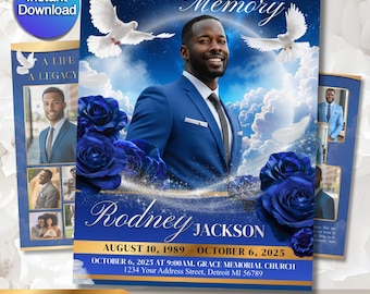 Funeral Program Template | Obituary Template for men | 8-Page memorial Programs | Royal blue 11x17