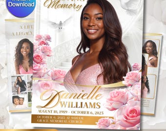 Funeral Program Template | Obituary Template for women | 8-Page memorial Programs | Pink Rose 11x17