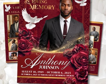 Modello di programma funebre / Modello di necrologio per uomini / Layout modificabile Canva / Rosso Borgogna Oro