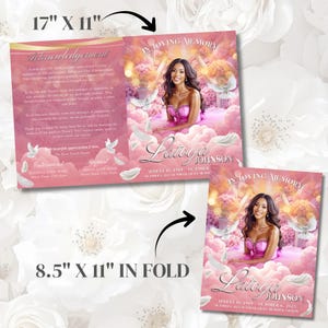May include: A pink memorial card, 17" x 11" unfolded and 8.5" x 11" folded, with the text "In Loving Memory" and "Latoya Johnson". The card features a woman in a pink dress surrounded by clouds and doves.