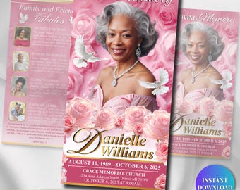 Pink Rose Funeral Program Template | Trifold Obituary Template for women | Memorial Programs 11x17