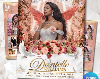 Pink Funeral Program Template | Obituary Template for women | 8-Page memorial tributes | Peach Rose