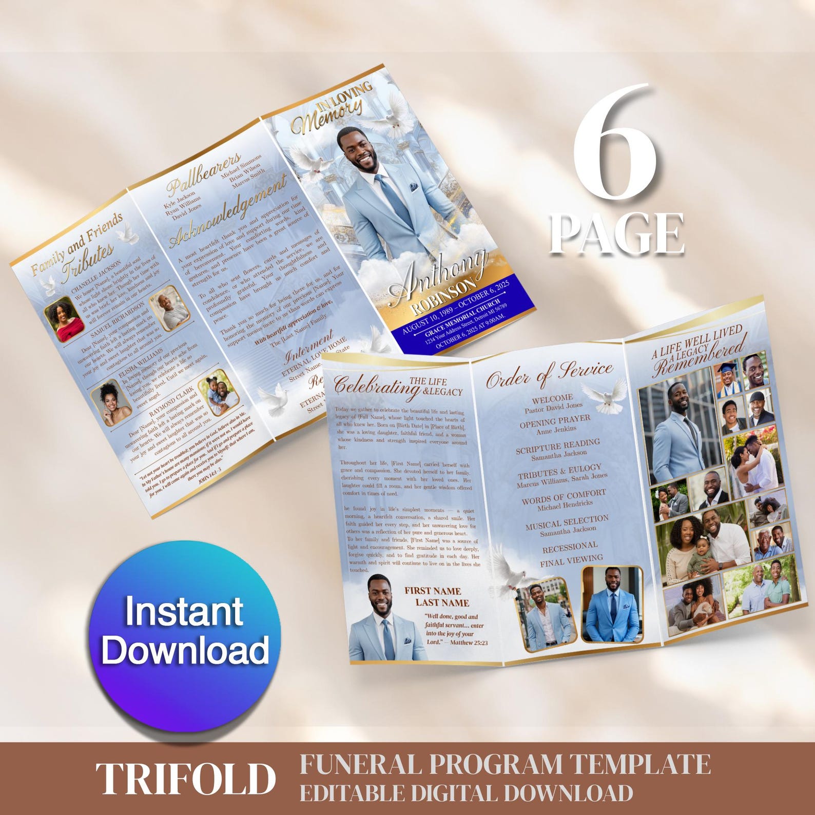 Funeral Program Template | Obituary Template for Men | Trifold Memorial ...