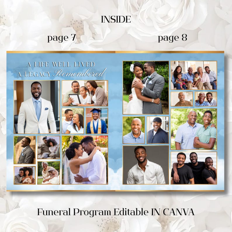 Multiple Funeral Blue Funeral Program Template | Obituary Template for Men | 8-page ...