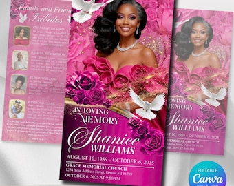 Funeral Program Template | Trifold Obituary Template for women | Pink Rose Memorial Canva 11x17