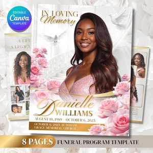 Sjabloon begrafenisprogramma perzikroze roos: 8 pagina's bewerkbare canvaslay-out (digitale download)