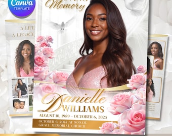 Modello per programma funebre rosa pesca: layout Canva modificabile di 8 pagine per commemorazione (download digitale)