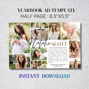 May include: A yearbook ad template with a collage of photos of a young woman in a white dress and a straw hat. The text reads "Natalie Scott" and "Instant Download". The ad is 8.5" x 5.5".