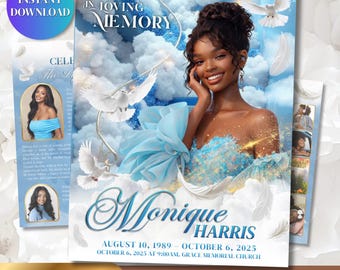 Blue and white Funeral Program Template | Obituary Template for women | memorial 4 page 17x11